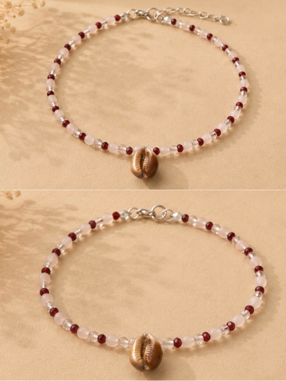 Beaded Shell Choker Necklace - Pink & Burgundy